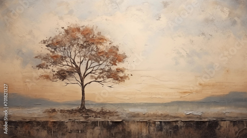 Vintage color oil painting landscape with lonely tree on wall 