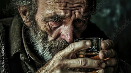 A distressed man grappling with alcohol addiction, his expression fraught with despair, clutches a glass of liquor, symbolizing the struggle and pain of dependency photo