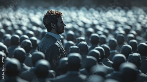 A man in business attire, standing with a look of quiet resolve amidst a sea of faceless, uniform figures. Individuality versus conformity concept photo