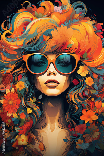 Modern pop art portrait of a woman in sunglasses and flowers