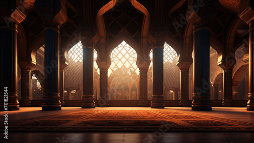 Arabic Pattern Interior Of Mosque Irani Style Dark Islamic Background, Ramadan Kareem, Islamic Concept, Religious Point, Muslim's Temple, Generative Ai photo