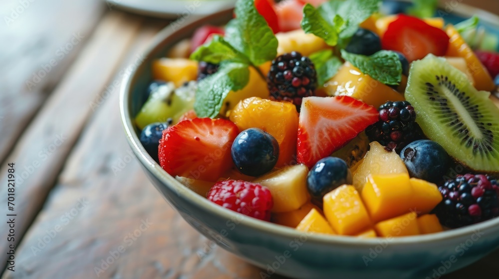 Fresh and Colorful Fruit Salad on a Rustic Wooden Table