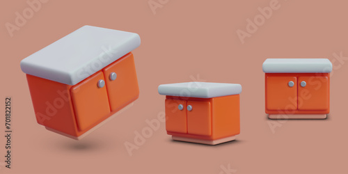 Orange 3D bedside table with white top and doors. Vector bedroom furniture. Object in different positions. Bright item of home interior. Web design template