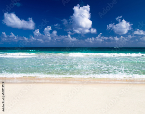 Tropical sea under the blue sky. Beach and tropical sea