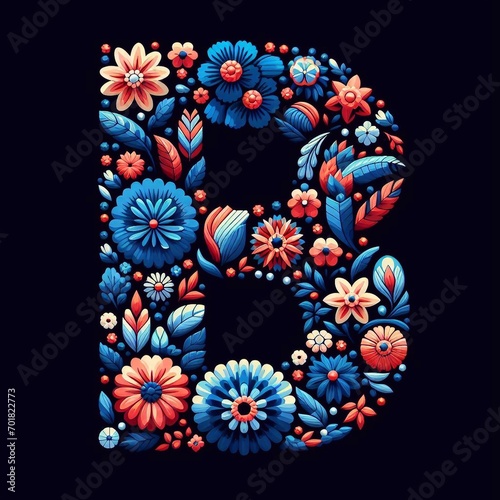 Flower font letter B. AI generated illustration