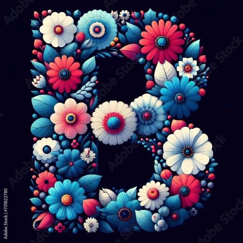 Flower font letter B. AI generated illustration