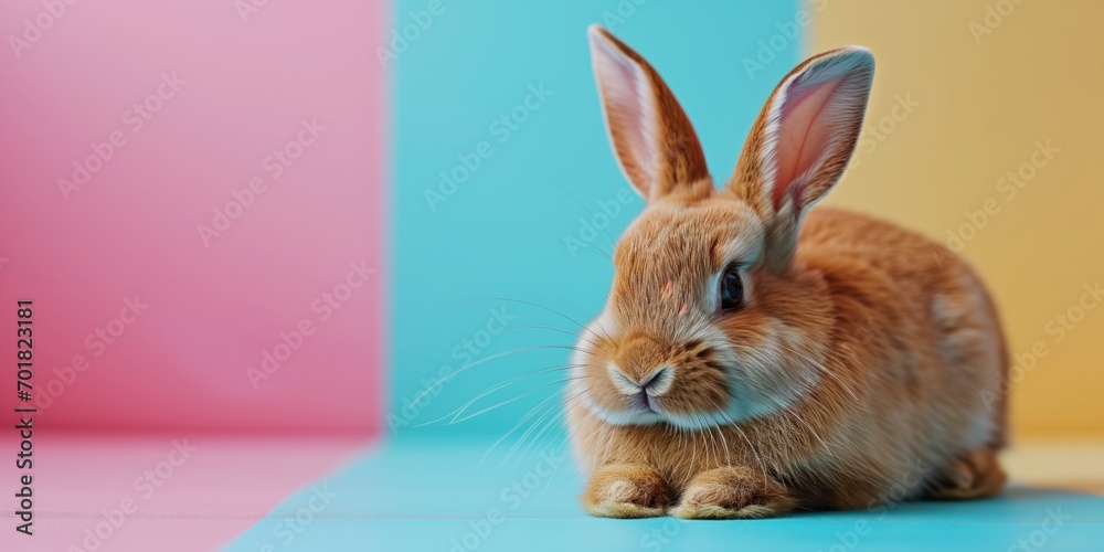 Cute little ginger bunny on gradient colorful background. Easter concept Cute little ginger bunny on gradient colorful background. Easter concept