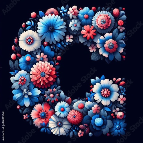 Flower font letter C. AI generated illustration