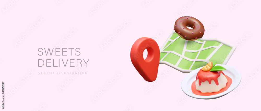 Concept of quick delivery of sweets from local cafe, pastry shop, store. Vector green city map, geo pin, chocolate donut, panna cotta. Decorated desserts for everyday and festive menus