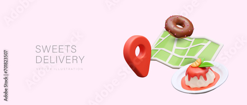 Concept of quick delivery of sweets from local cafe, pastry shop, store. Vector green city map, geo pin, chocolate donut, panna cotta. Decorated desserts for everyday and festive menus