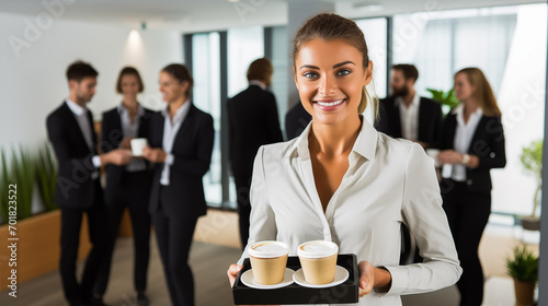 A young female intern bringing a tray of coffee cups to a meeting room, everyone looks impressed.
