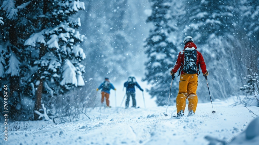 Group of Skiers Enjoying a Thrilling Descent on a Snowy Slope Group of Skiers Enjoying a Thrilling Descent on a Snowy Slope