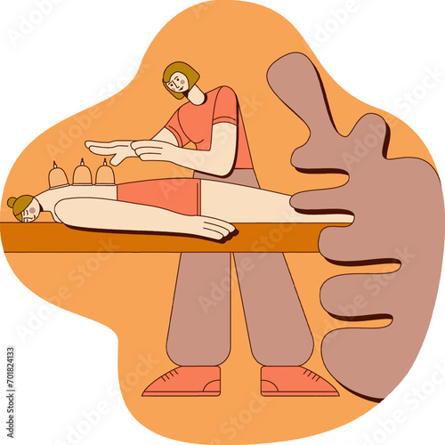 Wellness cupping vacuum back massage with professional massage therapist in spa. SPA design concept. Isolated flat vector illustration.