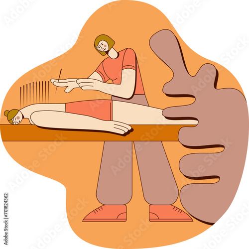 Needle Acupuncture Treatment with professional acupuncturist in spa. Chinese acupressure. SPA design concept. Isolated flat vector illustration.