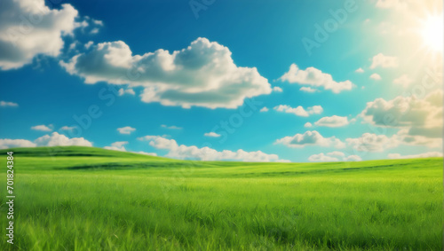 field and blue sky Wide format grass background, Neatly trimmed grass carpet photos, Beautiful grass texture images, Bright green mowed lawn visuals, Green grass field stock photos
