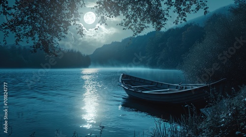 Boat Floating on a Tranquil Lake Bathed in Moonlight