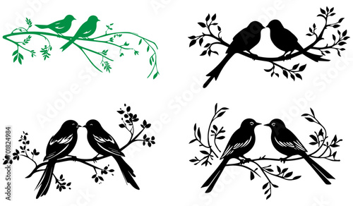 birds on a branch, black and white silhouettes, vector illustration