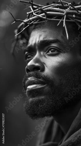a black afro american man as jesus wearing a crown of thorns - closeup portrait