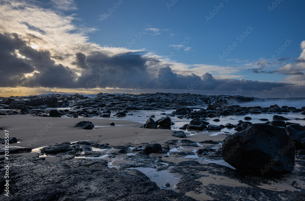 View of Benares beach during sunrise on the south coast of Mauritius island View of Benares beach during sunrise on the south coast of Mauritius island