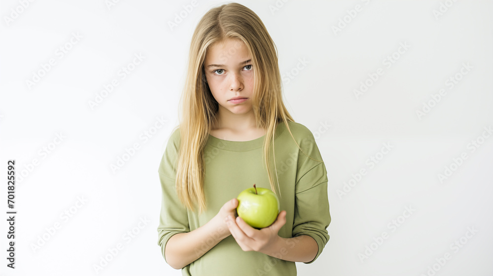 A girl holding a green apple, showing discomfort against a white background. A girl holding a green apple, showing discomfort against a white background.