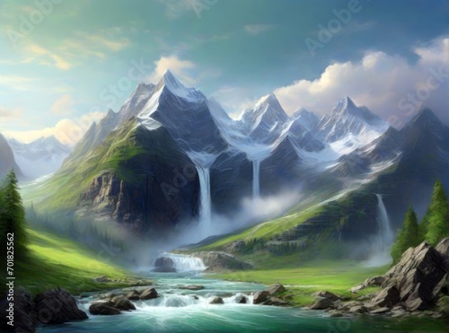 Fantasy landscape with mountains and waterfalls. Generative AI.