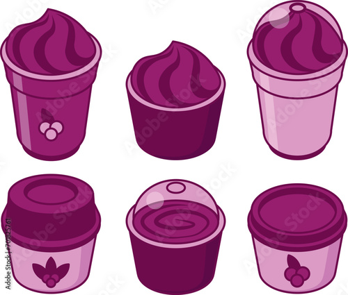 Acai berry, açaí, açai brazilian fruit ice cream in cup and pot. Colorful vector illustraion icon set