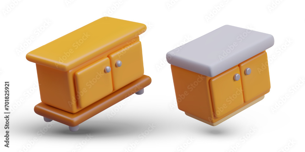 Collection with cabinet and commode with two doors in cartoon style. Home furniture set concept. Vector illustration in 3d style with white background Collection with cabinet and commode with two doors in cartoon style. Home furniture set concept. Vector illustration in 3d style with white background