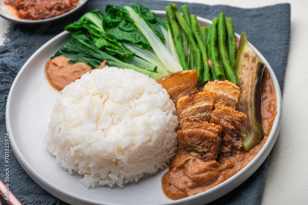Crispy Pork Kare Kare (Peanut Sauce) with Vegetables and Shrimp Paste on the side
Crispy Pork Kare Kare (Peanut Sauce) with Vegetables and Shrimp Paste on the side