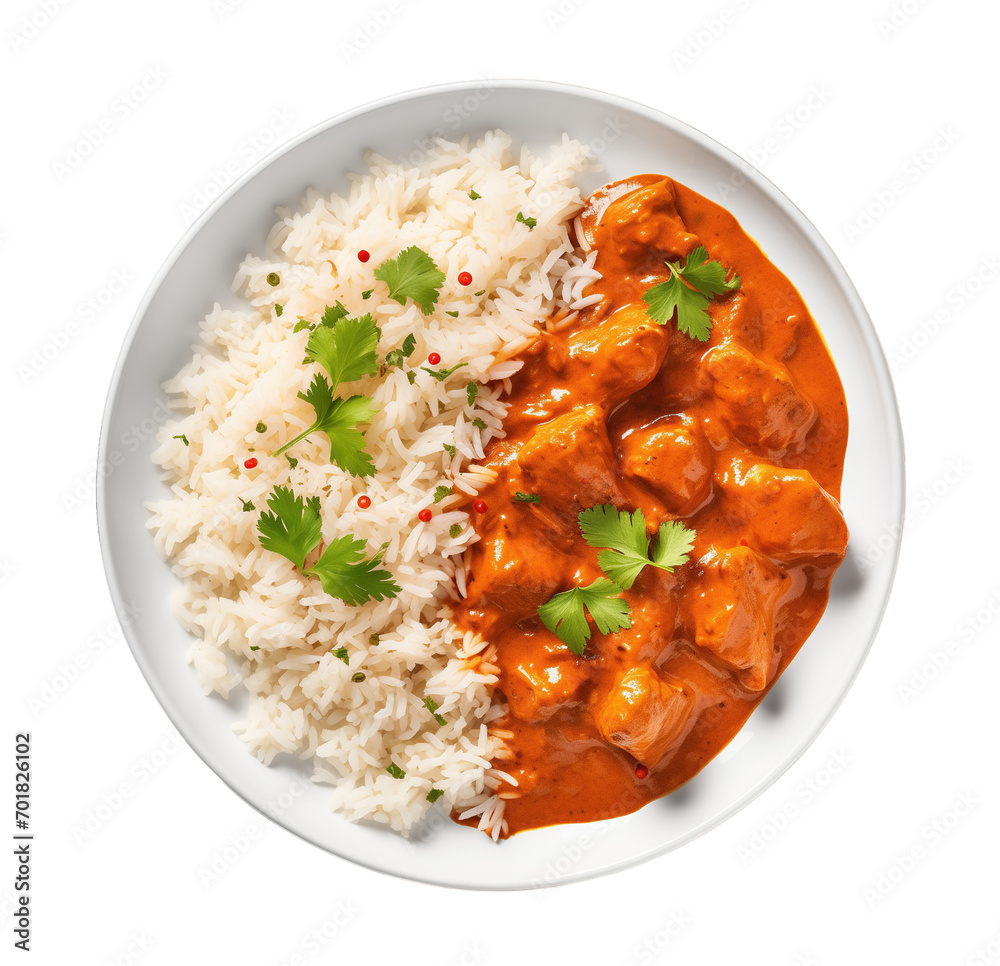 Spicy curry chicken tikka masala served with rice isolated on transparent background. PNG file, cut out Spicy curry chicken tikka masala served with rice isolated on transparent background. PNG file, cut out