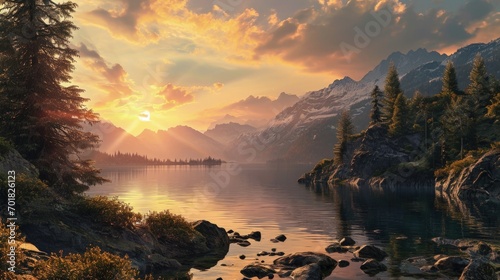 A Serene Mountain Lake at Sunset
