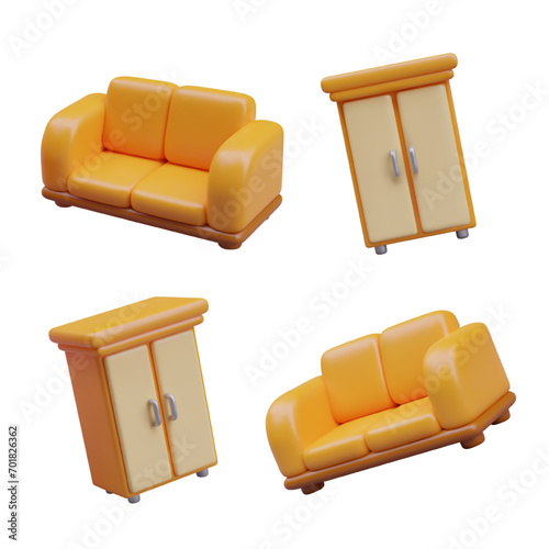 3D straight sofa and closed wardrobe. Vector models in different positions. Decor for interior of living room. Arrangement of house. Set of isolated illustrations. Templates for store, design services