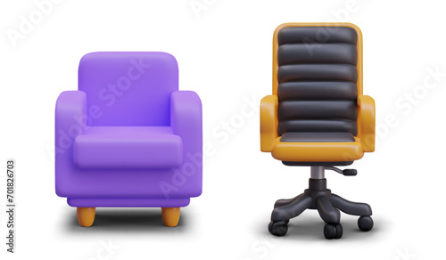 Front view on realistic home and office armchair. Comfortable soft armchair in purple color and swivel chair. Vector illustration in 3d style on white background