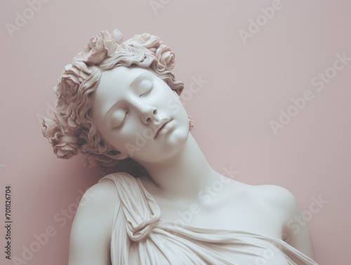 Pink gypsum Ancient statue woman Godhead isolated on pastel background. Plaster Sculpture female face. Renaissance portrait with closed eyes.