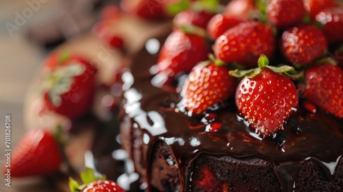 Decadent Chocolate Cake with Rich Frosting and Fresh Strawberry Garnish