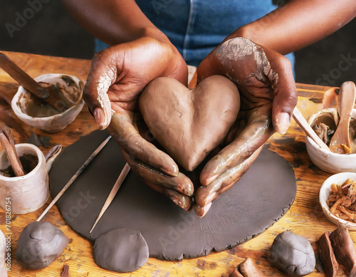 African American woman presenting a heart she has just molded from clay in a pottery studio. Valentine concept, love and romance.