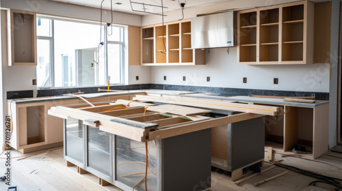 Assembly of kitchen furniture during kitchen remodeling in new home photo