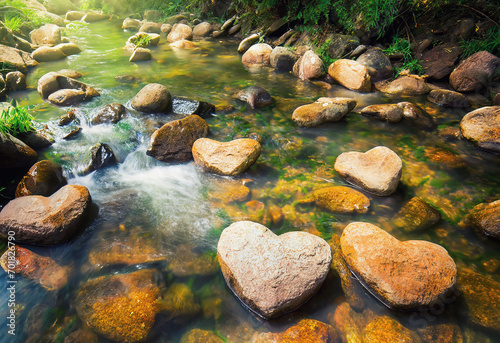 Heart shaped rocks in a gently flowing stream: Valentine concept