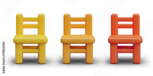 Front view on yellow, orange, and red stools. Collection of furniture concept. Realistic object for online games. Vector illustration in 3d style with shadow