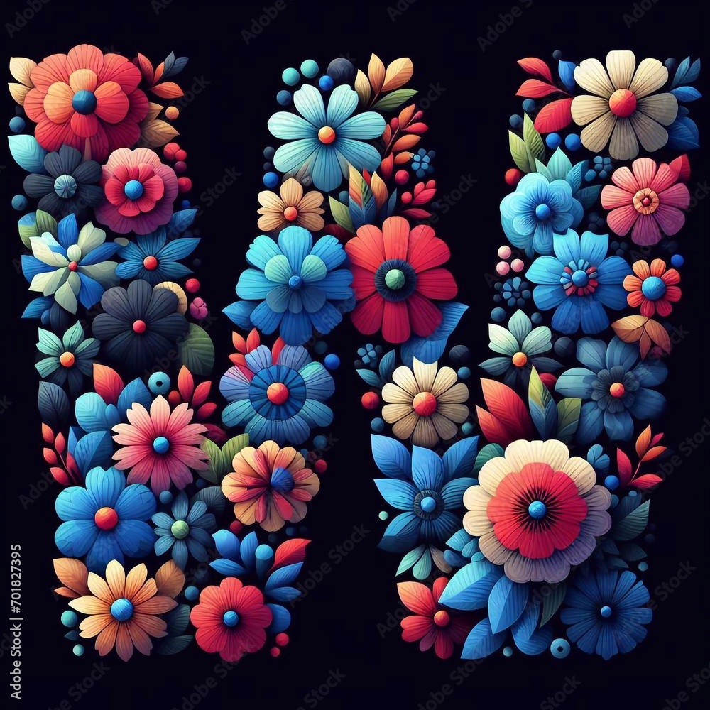 Flower font letter W. AI generated illustration Flower font letter W. AI generated illustration