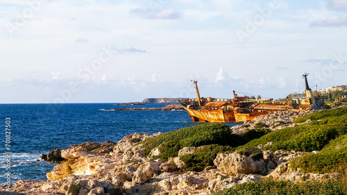 Wreck of Edro III ship on a sea coast. Coral Bay Cyprus.