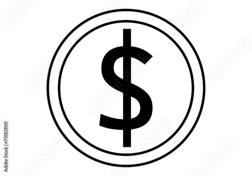 Icono negro de moneda de dolar en fondo blanco.