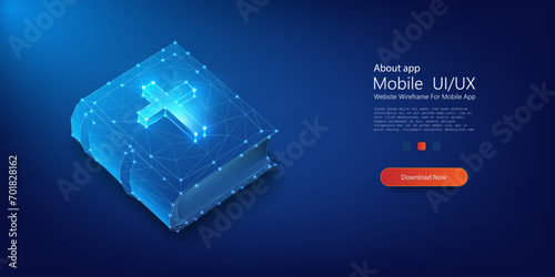 Digital Knowledge Evolution: Futuristic Concept of E-Book and Education Technology. Closed Bible Book. Vector illustration in low poly style.
