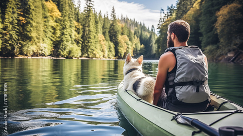 A man and his husky kayaking through a serene lake surrounded by forest.