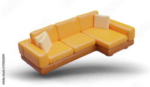 Large corner sofa bed. Folding model for sleeping. Furniture for bedrooms, living rooms, smart apartments. Multifunctional sofa with cushions. 3D illustration for modern upholstered furniture store