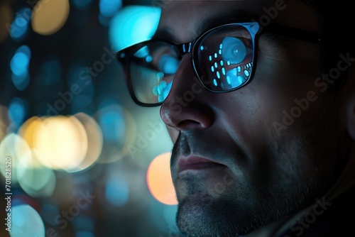 Man with eyeglasses looking data on the screen
