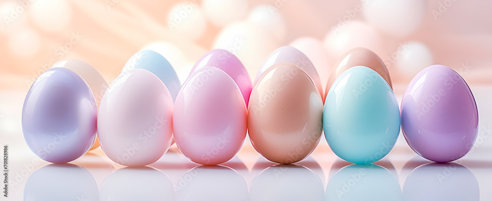 Easter eggs painted in pastel colors stand in a row on a light background. Banner. Easter eggs painted in pastel colors stand in a row on a light background. Banner.