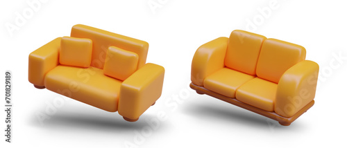 Realistic set with soft yellow sofa with pillows and without. Modern furniture for relax at home. Furniture, interior object, stylish sofa. Vector illustration in 3d style