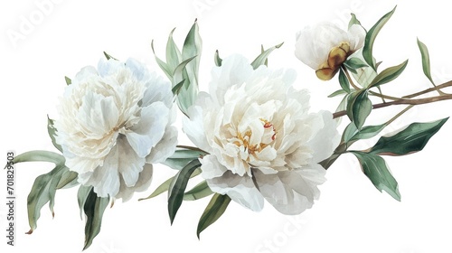 watercolor illustration of white peony  isolated on clean white background