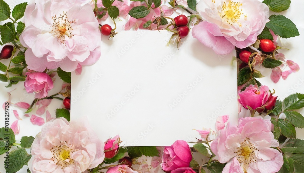 Background with white card, wild rose flowers and space for text Background with white card, wild rose flowers and space for text