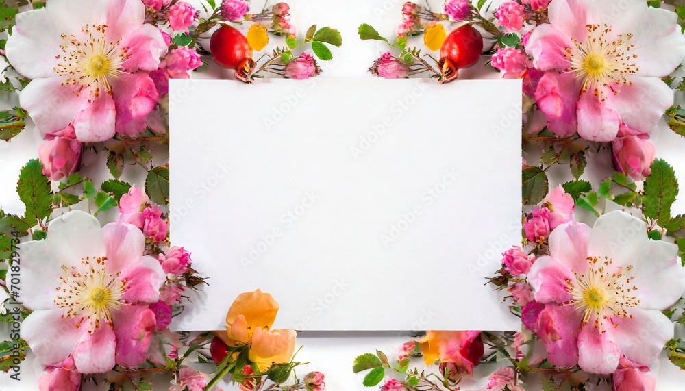 Background with white card, wild rose flowers and space for text Background with white card, wild rose flowers and space for text
